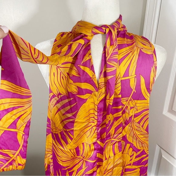 ENTRO Vibrant Fuchsia & Yellow Tropical Leaf Print Sleeveless Halter Top -MEDIUM - Picture 9 of 10